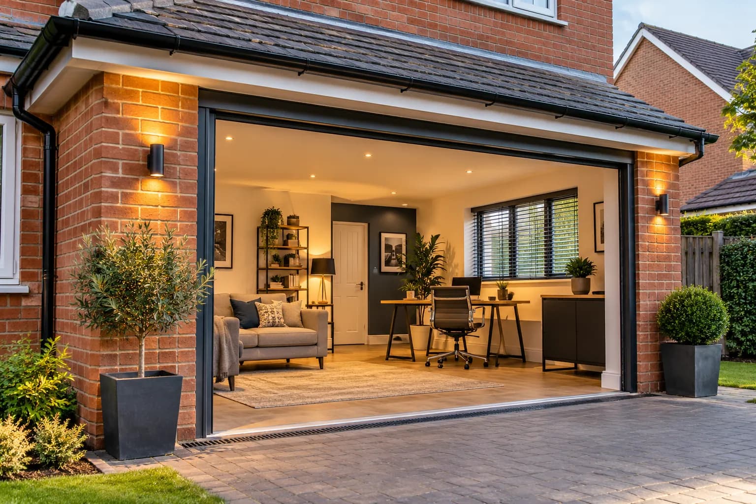 A modern open-plan living and office space with a bi-fold door open to a paved patio, illuminated by warm interior lighting and exterior wall sconces.